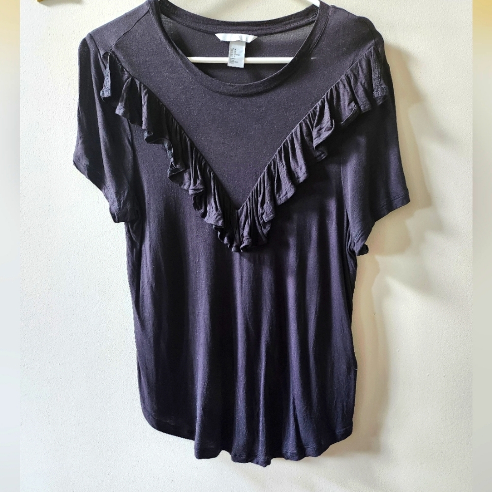 H&M front ruffle short sleeve shirt, Black, Women's M